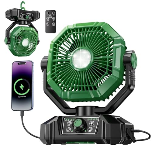 Besecou 20000mAh Rechargeable Portable Fan for Home with LED Emergency Light, 8 High Speeds Wind Battery Table Fan Rechargeable Big Size with Remote Control,Kitchen Fans for Cooking Green