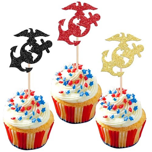 24 Pack Military Themed Cupcake Toppers Navy Bound Cupcake Picks Navy Bound Themed Cupcake Decorations Welcome Ceremony Army Birthday Party Cake Decorations Supplies Red Gold Black