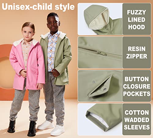 SOLOCOTE Kinder Regenjacke mit Sherpa-Futter Kapuzen-Gummiregenmäntel für Mädchen und Jungen Wasserabweisend Winddicht Khaki Grün 11-12 Jahre