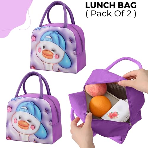 Image of Kraptick Printed Lunch Bag - Insulated Travel Tiffin Bag for Kids & Adults, Reusable Lunch Bag for Office, School Meal Organizer (Purple Trendy Cool) (Pack of 2)