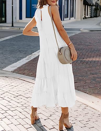Image of HAEOF Women's Summer Sleeveless Halter Midi Maxi Dress Casual Loose Fit Pleated Tiered Flowy Beach Vacation Long Sundress