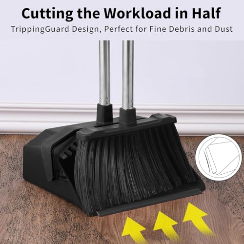 Image of Tiumso Upgrade Broom with Dustpan Combo Set, Broom and Dustpan Set with 51'' Long Handle, Large Upright Brooms and Dust Pans, ZeroGap Lip, Self-Cleaning Dustpan Teeth for Lobby and Restaurant - Black