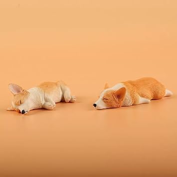 Miniature Corgi Figurine, Dollhouse Miniature Corgi, 1:12 Sleeping Welsh Corgi Dog, Home Fairy Garden Decoration, Simulation Dog Resin Figures (2PCS) (Yellow on Stomach)