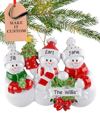 Personalized Family of 3 Ornament 2025 | Free 24h Customization | Laser Engraved Snowman Christmas Ornaments for Tree | Custom Gift Wrapped Festive Holiday Keepsake for Three Persons