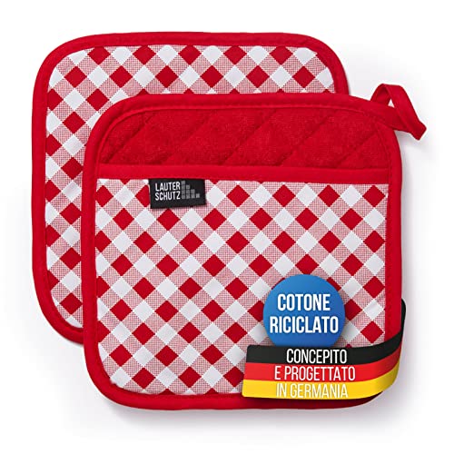 LauterSchutz® 1 paio di presine in cotone (riciclato) - Con tasca per il manico e fodera in pile - In diversi colori (Rosso)