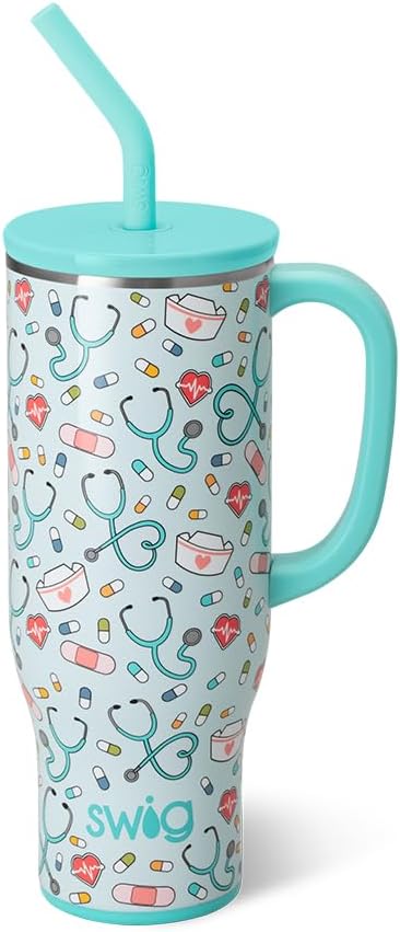 Swig Life 30oz Mega Mug, 30 oz Tumbler with Handle and Straw, Cup Holder Friendly, Dishwasher Safe, Lightweight Extra Large Insulated Tumbler, Nurse Gifts for Women (Scrub Life)