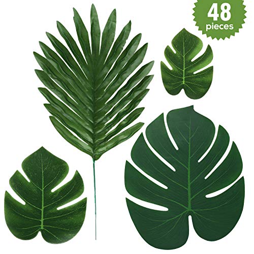 48 Pezzi Artificiale Foglie di Palma Tropicale e Foglie di Monstera decorazione forniture per feste Compleanno, matrimonio, Barbecue Spiaggia Giungla Hawaiani Luau Festa a tema 3 Dimensioni