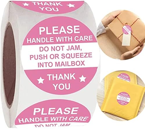 2 Inch Round Pink "Do Not Jam Push or Squeeze into Mailbox" Stickers-Handle with Care Shipping Labels 500Pcs Do Not Crush Bend or Fold Stickers Fragile Warning Shipping Stickers for Mailbox Cartons