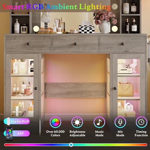 Image of Wodeer Makeup Vanity Desk with Mirror and Lights, Grey Vanity with Glass Top, LED Lights & Power Outlet, 3 Drawers & 2 RGB Glass Cabinets, Adjustable Lighted Dressing Table for Women & Girls Bedroom