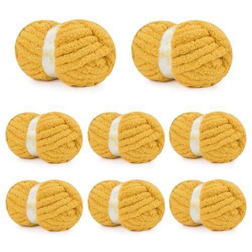 Image of Chunky Yarn for Hand Knitting, Chunky Chenille Blanket Yarn for Crocheting, Bulky Soft Fluffy Chenille for Blanket Project, 8 Pack of 8oz /25yds, Ginger Yellow