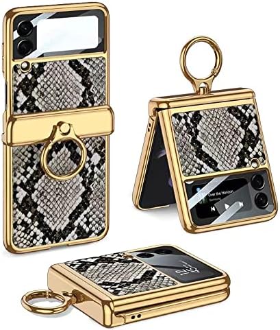 DOOTOO for Samsung Galaxy Z Flip 4 Case Hinge Protection with Ring Holder Leather Hybrid PC Glass Camera Lens Protector Magnetic All-Inclusive Case for Samsung Galaxy Z Flip 4 5G (Black 01)