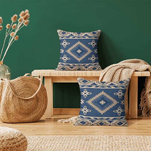 Cxmeifly Boho Aztec Pillow Covers 18 X 18 Inch Set Of 2 Western Native American Blue Beige Geometry Decor Throw Pillows Southwestern Outdoor Decorative Cushion Cases For Couch Bed Decorations #TOP1