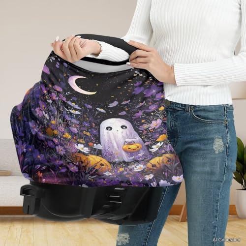 Image of Wanyint Baby Car Seat Cover High Chair Canopy Shopping Cart Cover Soft Breathable Baby Breastfeeding Protector for Breastfeeding Mothers Halloween Decora, Cute Ghost Floral Purple