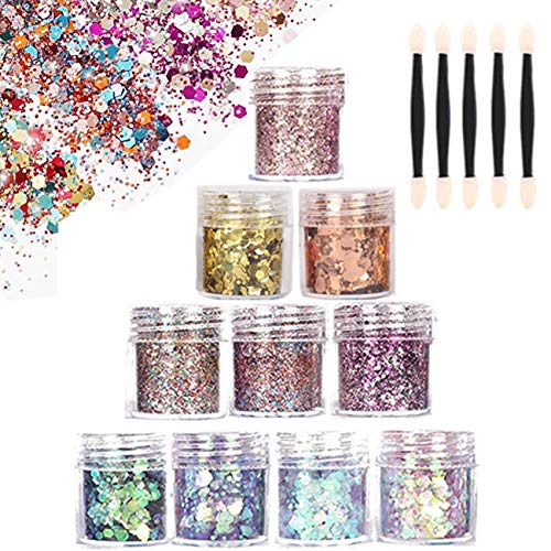 Face Glitter Chunky Glitter Bodies Cosmetic Hexagons Glitter Paillette Sparkling Decoration Glitter Hair and Nails 10 Boxes Set for Festival Christmas - 5 Free Brush Included