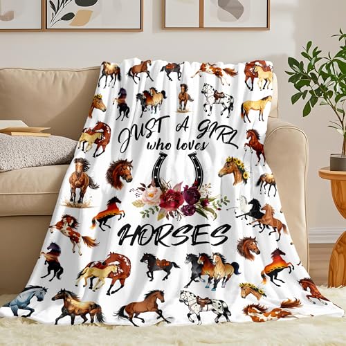 Tinerpoim Horse Blanket Gifts for Girls Women, Just A Girl Who Loves Horses Blankets, Horse Lovers Birthday Gifts Decor Throw Blanket 80" x 60"