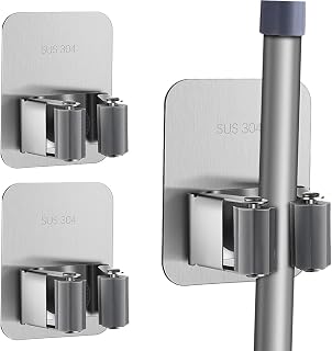 Deyixinup 2 PCS Mop Broom Holder Stainless Steel Broom Holder Wall Mounted Self Adhesive Mop Holders No Drilling Garden Tool Organizer for Bathroom Kitchen Office Closet Garden Garage