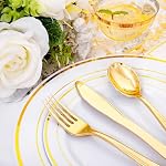 I00000 350 Pcs Gold Dinnerware Set, Plastic Plates Disposable for 50 Guests Include:50Gold Rim Dinner Plates, 50Gold Dessert Plates, 50Paper Napkins, 50Cups, 50Gold Silverware Set Perfect for Party