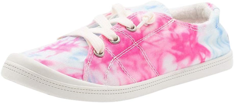 CUTUDE Ladies Low Top Canvas Print Lace Up Breathable Pumps Womens Comfortable Casual Sneakers Flat Bottom Comfort Trainers Shoes