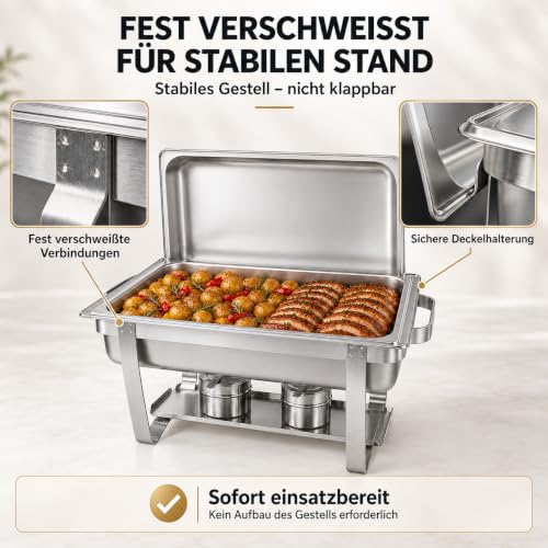 Foto von Warmhaltebehälter für Essen GN 1/1, Chafing Dish Edelstahl 9 L, Rechaud | Großer Buffetwärmer mit GN-1/1-Behälter & Deckel, Speisenwärmer mit Wasserbad, für Grillgut, Buffet, Catering & Events