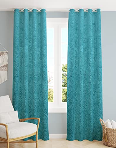 Image of Homefab India 2 Piece Velvet Long Door Curtain - 9 feet, Room Darkening Curtains, Aqua Blue