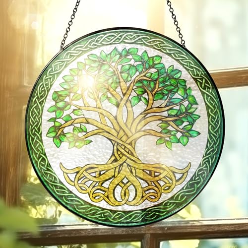 FLAGWIX Tree of Life Gifts for Women Men - Stained Glass Window Hanging 8 in - Birthday Gifts for Mom Grandma, Tree of Life Decorations Indoor, Celtic Suncatchers Garden Decor