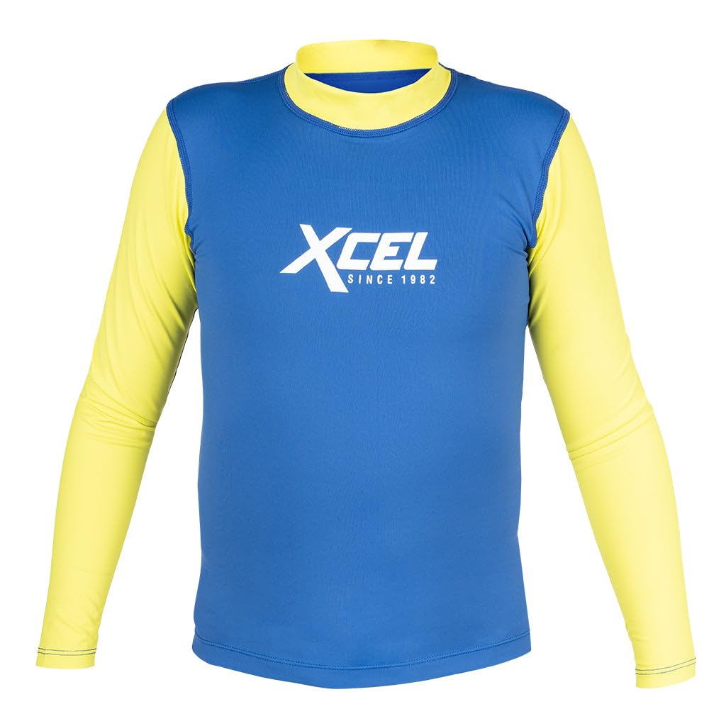 XCEL Kids Premium Stretch Retro Long Sleeve Performance Fit Rashguard - Sapphire/Yellow | Size 10