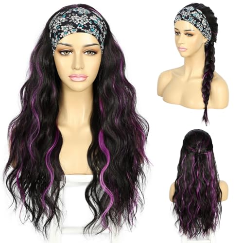 SAPPHIREWIGS Body Wave Headband Wig Highlight Violet Synthetic Wig 26 Inch