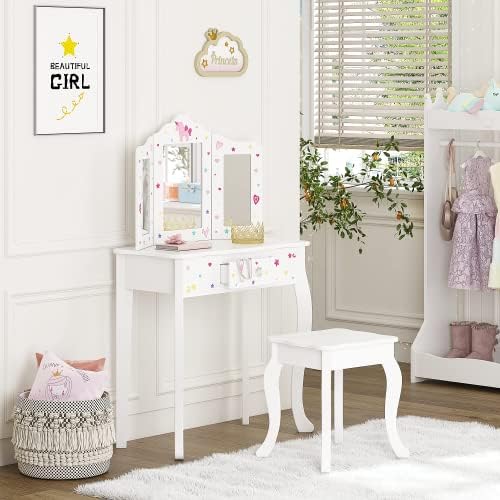 UTEX Pretend Play Kids Vanity Table and Chair Vanity Set with Mirror Makeup Dressing Table with DrawerPlay Vanity Set,White