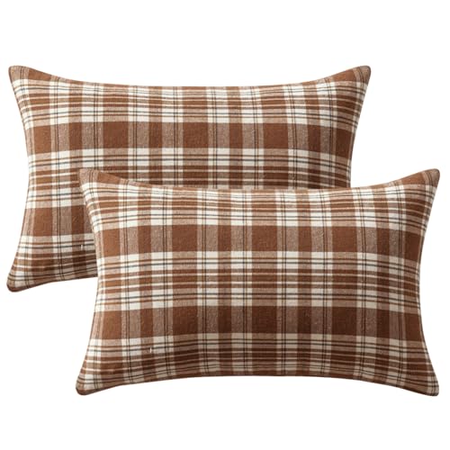 Image of MIULEE Fall Plaid Pillow Covers Scottish Tartan 12x20 Brown | Set of 2 Fall Decorations Lumbar Cushion Covers, Farmhouse Winter Home Decor, for Thanksgiving Sofa Couch Bed Living Room