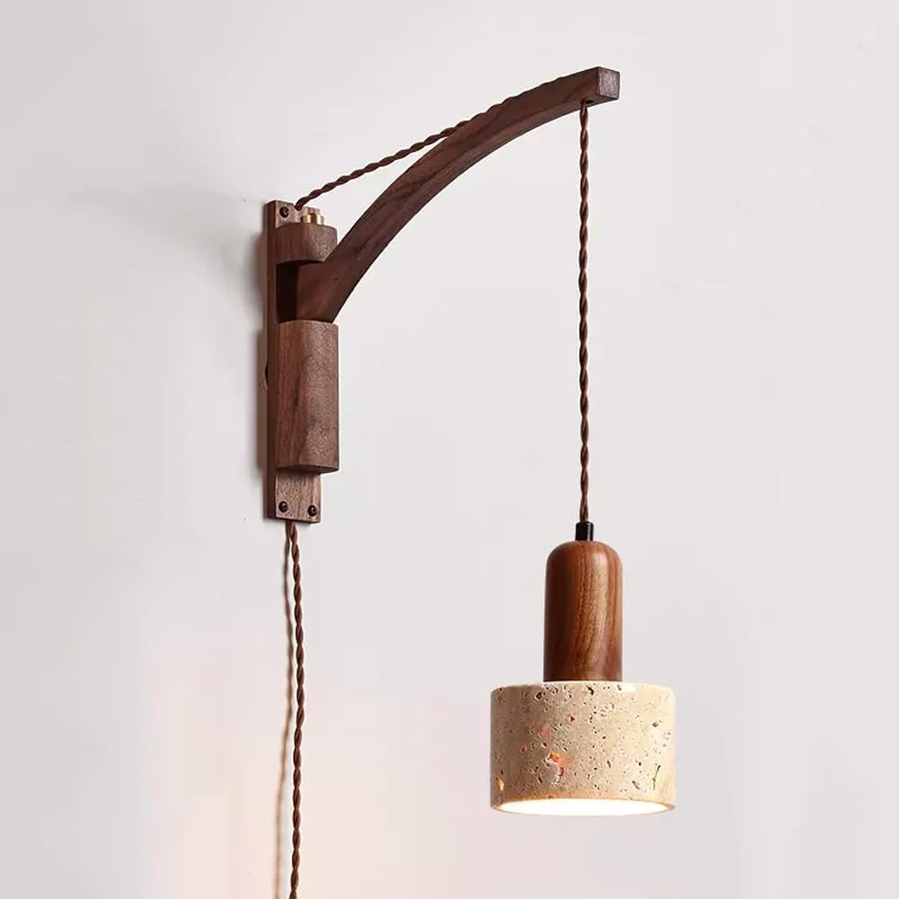 LUOYAOB Swing Arm Wall Sconce Hardwired Stone Wall Light Wabi Sabi Adjustable Wall Lamp Mid Century Wood Wall Sconce Bedside Reading Light for Bedroom Home Bar Hallway Decor(C款)