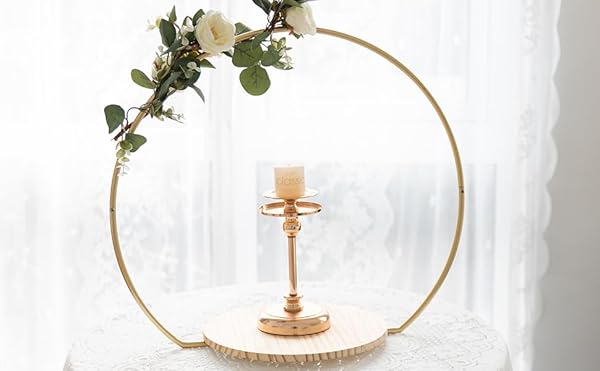 GENMOUS Wedding Cake Stand with Wood Stand Base, Gold 20" Round Arch Cake Stand Set, Metal Floral Hoop Centerpiece for Table, Large Cake Display Stand for Party, Events, Birthday Reception by GENMOUS & CO. - Image 4