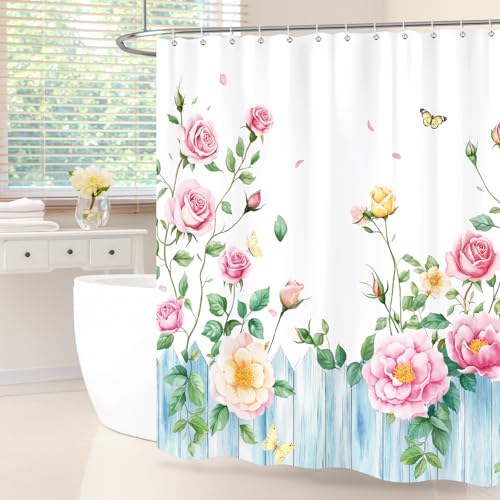 Dazzlewall Floral Shower Curtain, Blooming Pink Roses Flowers Bathroom Curtains 180x180cm, Waterproof Mildew and Mould Resistant Polyester Fabric with 12 Hooks - Image 3