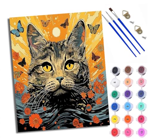 WXRWANG Pintura por Números para Adultos Gato ukiyo e de flores y mariposas Pintura al óleo digital para adultos de Cuadro para Pintar por Números con Lienzo Con marco pintura al óleo de