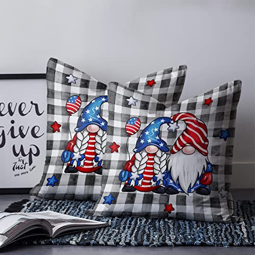 Fantasy Staring 4Th Of July Gnome Throw Pillow Covers Watercolor Buffalo Plaid Independence Day Soft Short Plush Pillow Case For Couch/Sofa/Bedroom/Car 18" X 18" #TOP1