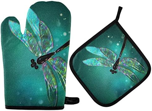 Pot Holders Oven Mitts Sets - Dragonfly Hot Gloves Hot Pads Non-Slip Potholders for Kitchen Cooking Grilling
