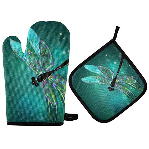 Pot Holders Oven Mitts Sets - Dragonfly Hot Gloves Hot Pads Non-Slip Potholders For Kitchen Cooking Grilling #TOP30