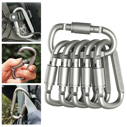 Small Locking Key Carabiner Carabiners Clip D Ring Rings Camping Gadgets for Water Jug Dog Leash Keychains, 6 Pcs Grey
