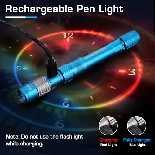 Image of EverBrite Pen Light, Rechargeable Pen Flashlights, 300 Lumens Zoomable LED Small Flashlight with Clip, Memory Function, USB-C Cable Included, Pocket Size for Camping, Emergency, Mechanic, Blue