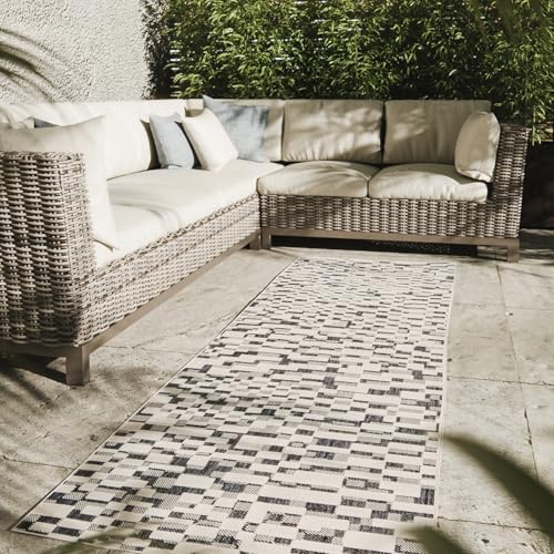 Interiyou Outdoor Teppich Wetterfest Kano - Läufer 70x200 cm Blau/Weiß - Wasserfest für Balkon, Terrasse, Garten - Outdoorteppich passend auch für Wohnzimmer, Schlafzimmer und Küche - Aussenteppich