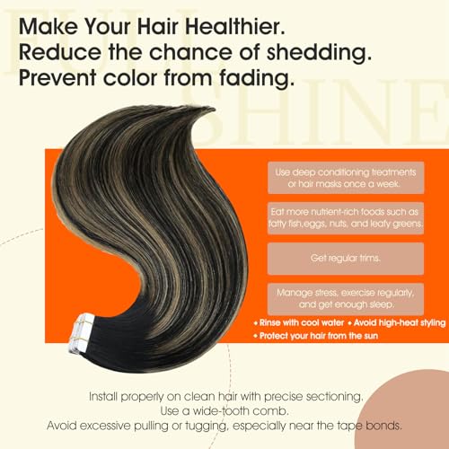 Image of Full Shine Tape ins Human Hair Extensions Balayage Tape in Hair Extensions 16Inch Seamless Skin Weft Tapes Extension 20pcs 1B Black to 27 Honey Blonde with 1B Invisible Straight Full Head 50G