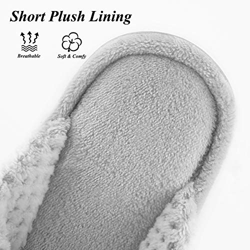 DL Women's Memory Foam Flip Flop Slippers with Cozy Short Plush Lining,Spa Thong Sandals Mules, Ladies' House Shoes with Indoor Outdoor Anti-Skid Hard Rubber Sole, Grey, Size 9-10