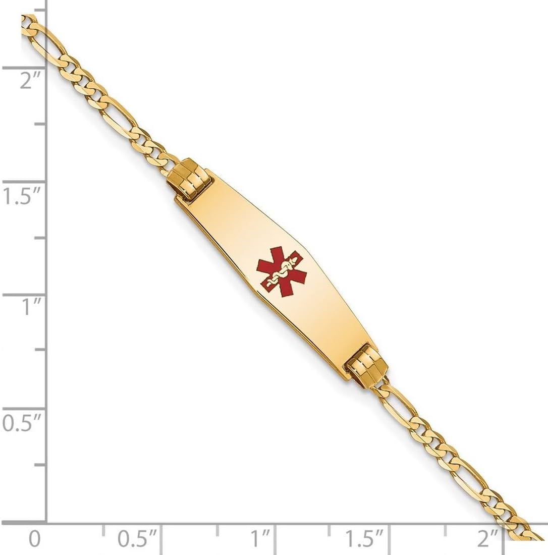 JewelryWeb 7.5mm 14k Solid Yellow Gold Medical Soft Diamond Shape Red Enamel Figaro ID Bracelet Identification Bracelet for Women