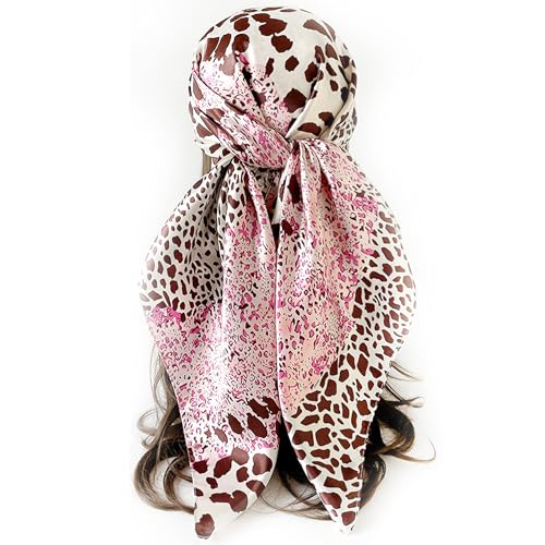 CLeemuziN Womens Silky Satin Large Head Scarf Pink Leopard Neck Scarves Square Hair Wrapping Sleeping Bandana 35in