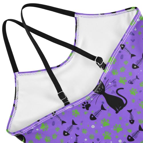 Black Cats Green Paw Purple Girls One Piece Swimsuit Beach Swimwear 208617104