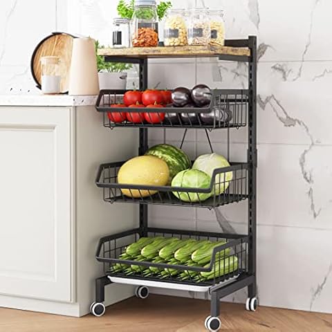 COVAODQ Fruit Basket 4 Tier Adjustable Fruit Vegetable Basket Cart Metal Wire Storage Cart Rolling Pantry Utility Kitchen Cart Cover