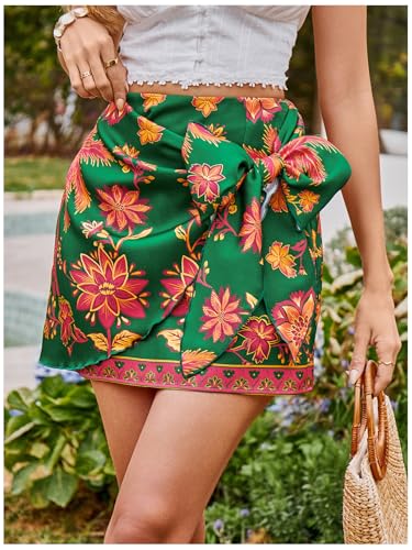 Image of Milumia Women's Summer Boho Wrap Skirt Floral Print High Waisted Knot Side Short Vacation Beach Mini Skirt