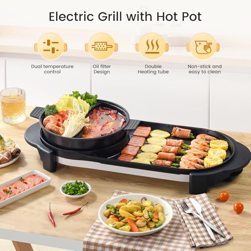 BOEASTER Electric Hot Pot with Grill Indoor Korean BBQ Grill Shabu-shabu Hotpot, Removable Hotpot Pot W/Large Capacity Baking Tray, Smokeless Non-Stick, 5-Gear Adjustable Temperature, 1-6 People 110V by BOEASTER - Image 5