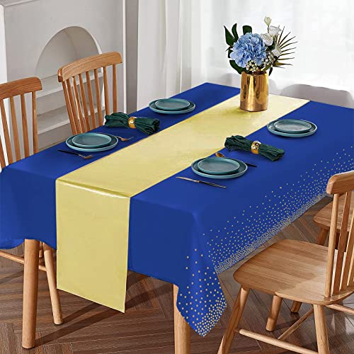 16Pack Disposable Plastic Tablecloths and Satin Table Runner Set Blue and Gold Dot Tablecloth Gold Satin Table Runner for Wedding Birthday Baby Shower Anniversary Christmas New Year Party Decorations by MASHAN - Used condition - Image 4