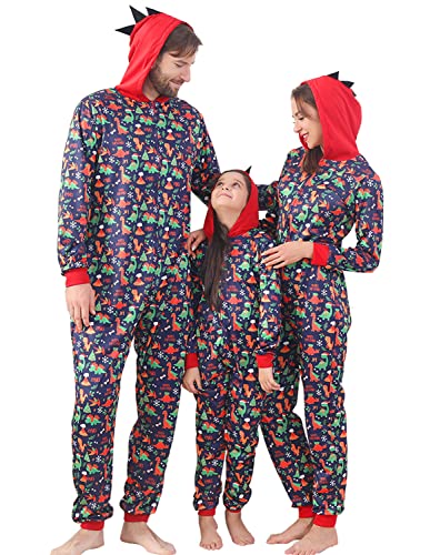 ANGELGGH Family Matching Christmas Onesie, Cute Vacation Dinosaur Print One Piece Pajamas, Hooded Holiday Sleepwear Nightwear (Men, XL, Xmas Dinosaur)