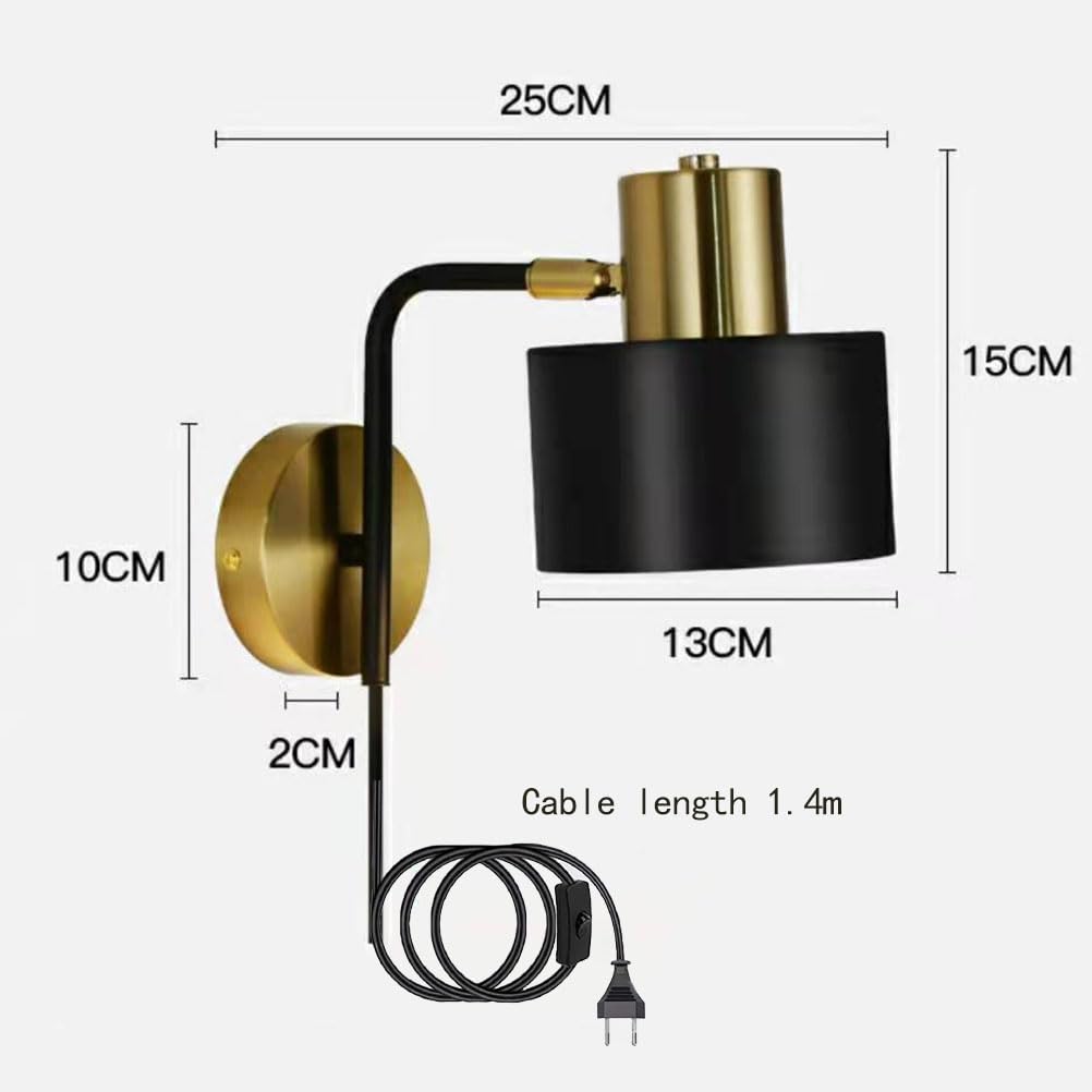 AoLa Vintage Wandleuchte Innen mit Schalter Wandlampe mit Steckdose und Kabel, E27 Verstellbar Nachttischlampe 360° Drehbar Metall Leselampe für Schlafzimmer Wohnzimmer Büro (Schwarz)